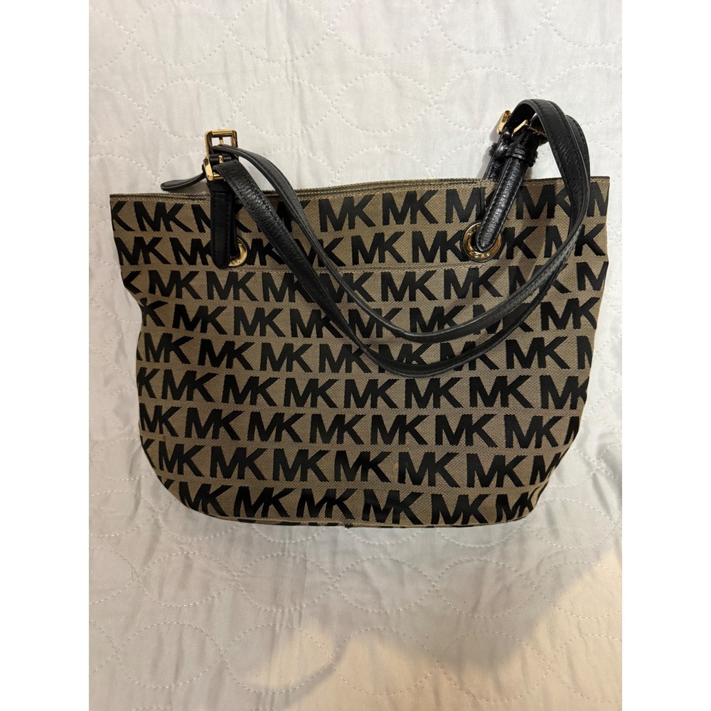Michael Kors MK Signature Monogram Jacquard Tote Bag Black Tan Gold Hardware